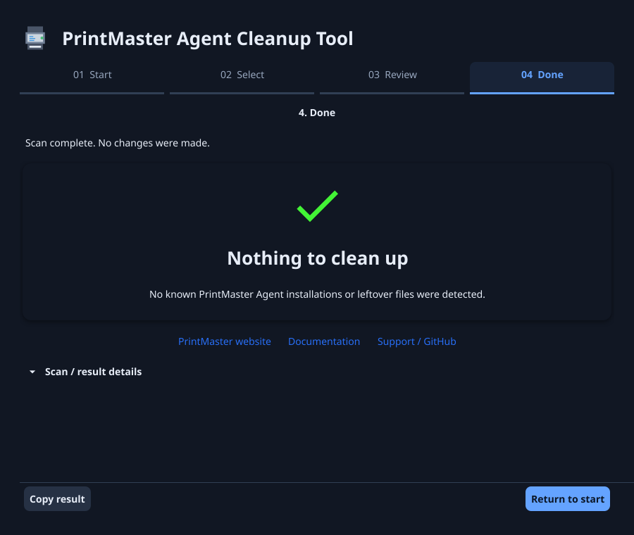 A clean scan goes directly to Done with a large green check and Nothing to clean up.