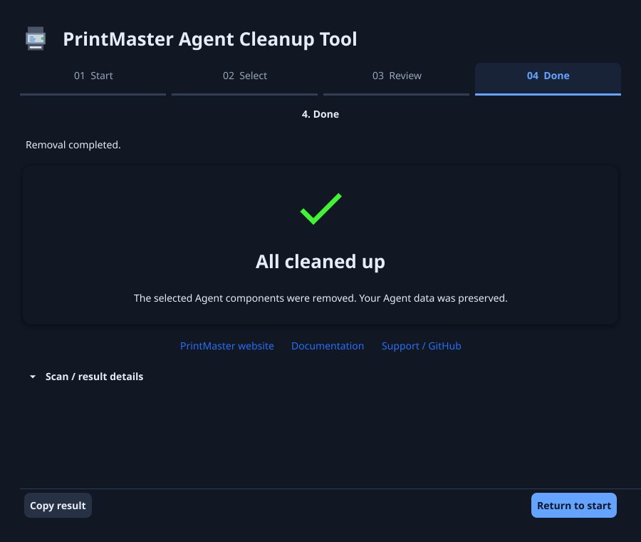 Done screen with the cleanup result, PrintMaster resource links, Copy result, and Return to start.