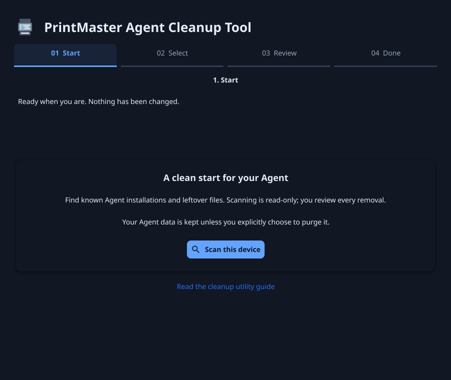 Agent Cleanup welcome screen with the Scan this device button and cleanup guide link.