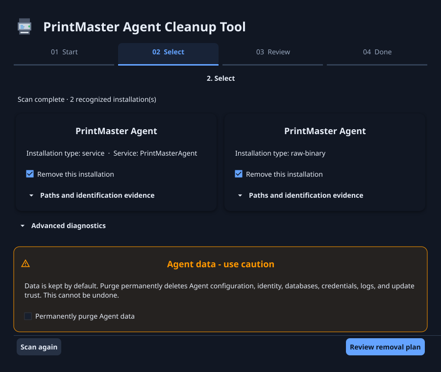 Select screen showing two Agent installation cards side by side, collapsed evidence, and the always-visible opt-in data purge card.