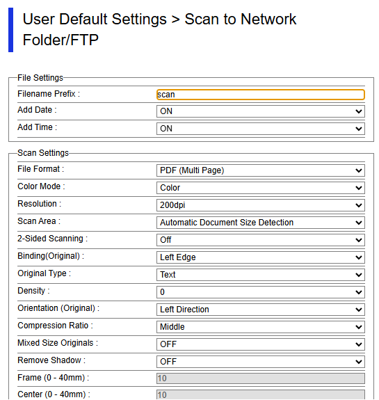Epson ST-C8090 User Default Settings for Scan to Network Folder FTP, showing filename prefix, date and time suffixes, PDF format, color mode, resolution, scan area, and two-sided scanning