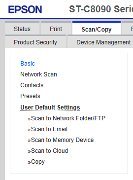 Epson ST-C8090 Web Config Scan/Copy tab with Contacts, Presets, and User Default Settings for network-folder scanning