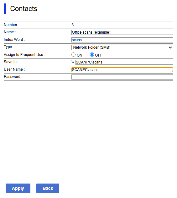 Epson ST-C8090 SMB contact editor with synthetic Office scans name, Network Folder SMB type, a fixed double-backslash prefix before Save to SCANPC backslash scans, and receiving-host account SCANPC backslash scans; password left blank