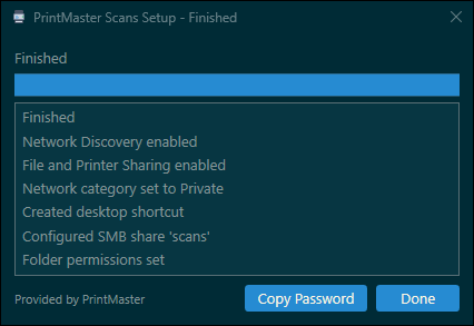 Scans completion window showing finished steps and enabled Copy Password and Done buttons