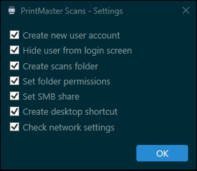 Scans settings dialog with account, folder, permissions, share, shortcut, and networking options