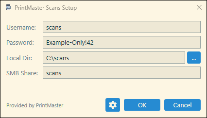 PrintMaster Scans setup window in the light theme with the same account, folder, and share fields