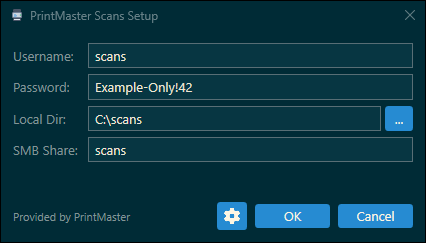 PrintMaster Scans setup window with the PrintMaster logo, account and folder fields, and Provided by PrintMaster attribution