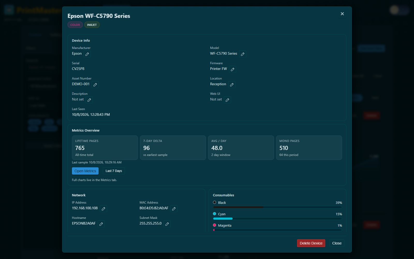 Agent device details and metrics overview